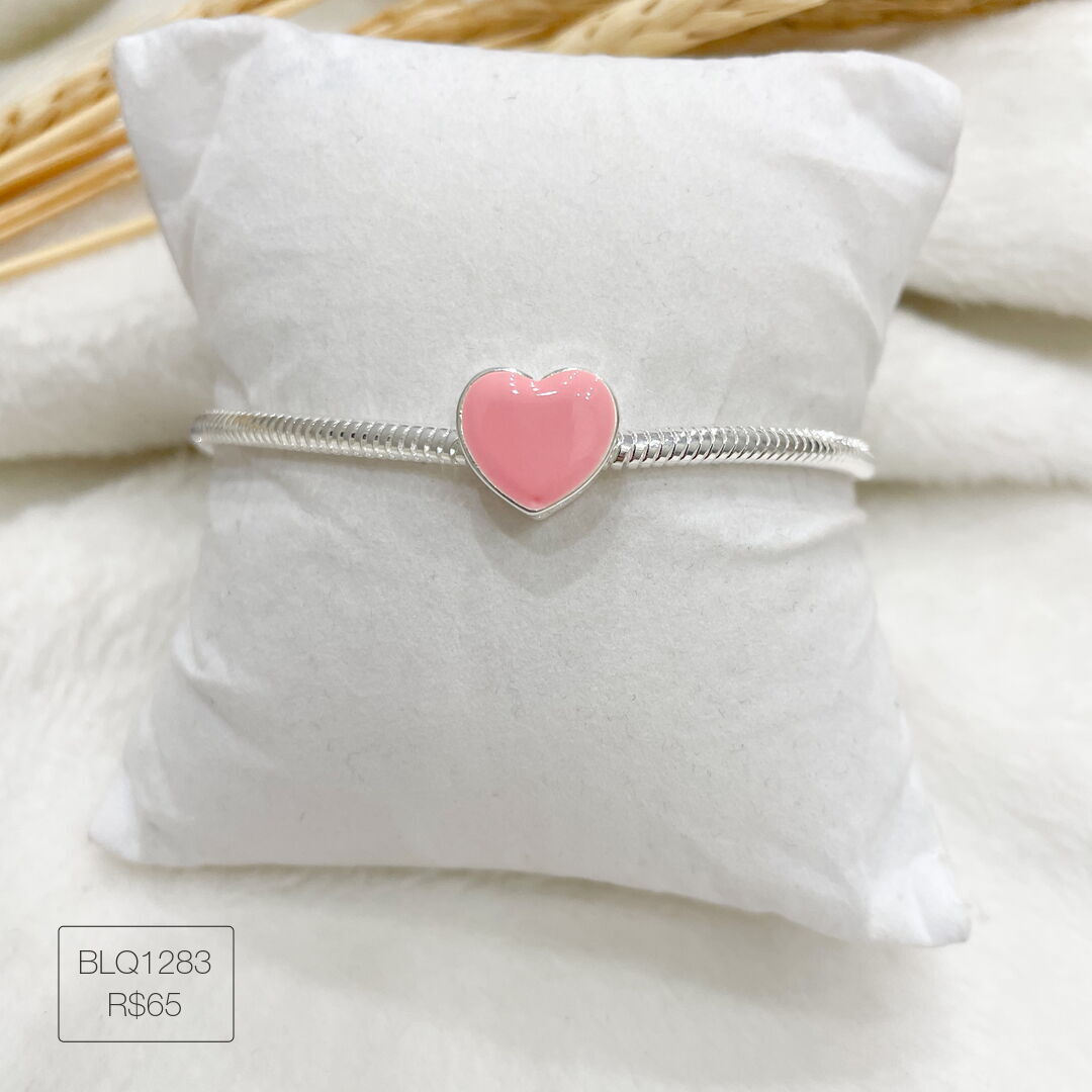 Berloque Coração Rosa G Passador Esmaltado Prateado